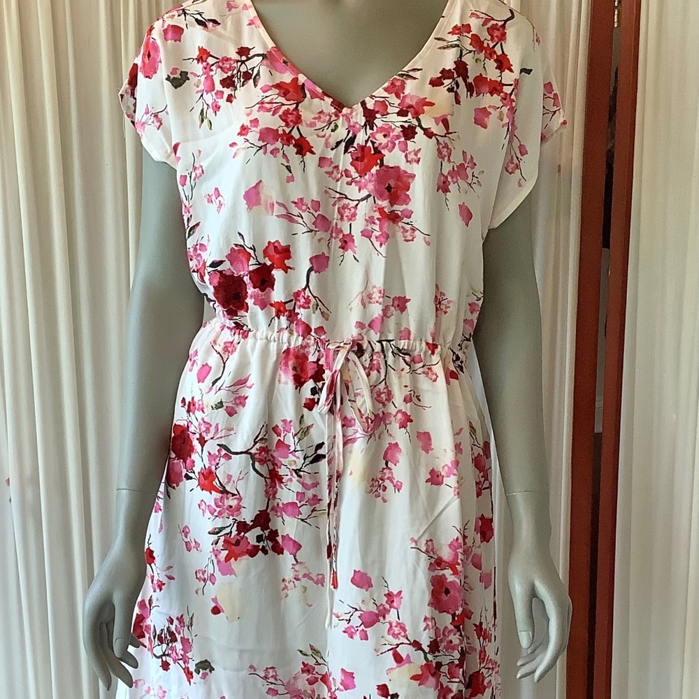 Magnolia Boutique Lined Sundress Cinched Waist V-Neck Rose Pattern NWT Small